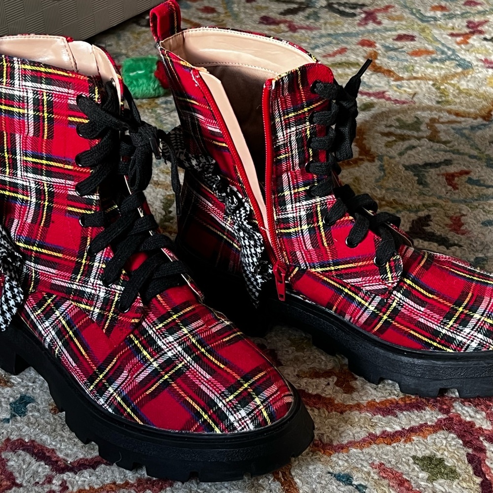 Betsey Johnson Red Plaid Combat Boots